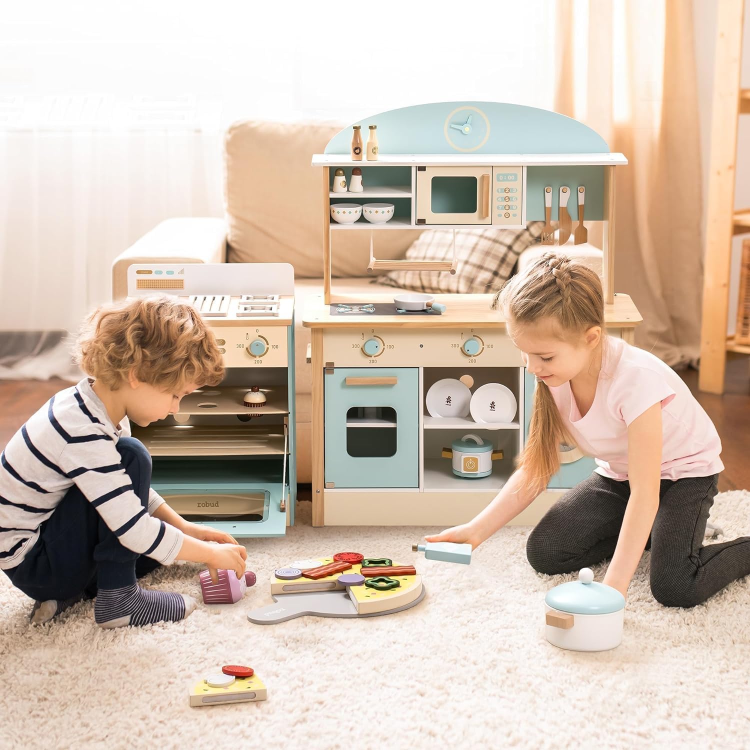 For Full Fun-Wooden Kitchen Playset for Kids Age 3+ | Kitchen Washer, Fridge & Oven – Blue-Toys & Games > Toys > Play Sets & Toy Figures > Toy Kitchens & Play Food