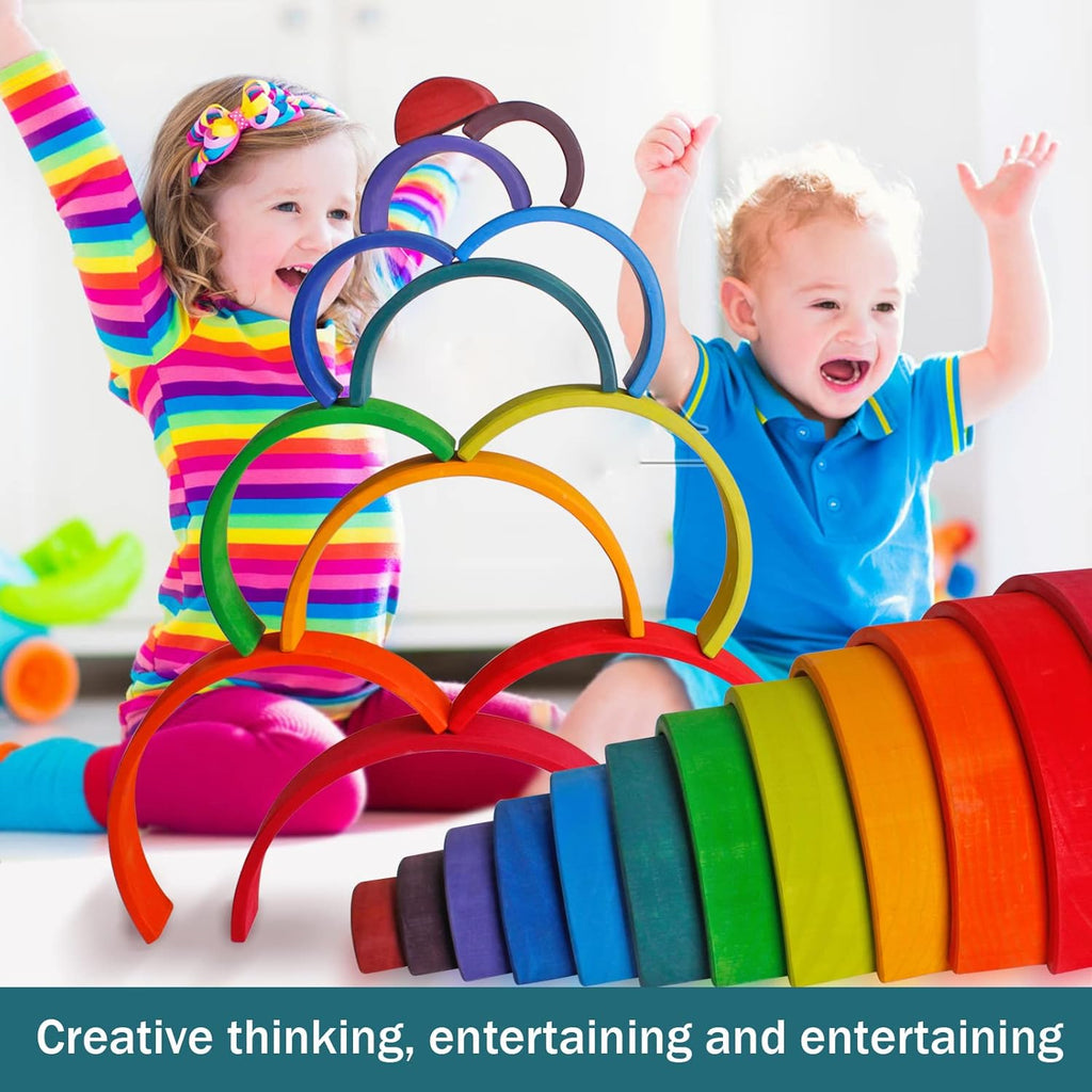 For Full Fun-Grimm's 12-Piece Large Rainbow — Hand-Stained Lime Wood Stacking Toy, Ages 1+-Puzzles and Games for Kids