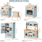 For Full Fun-Wooden Kitchen Playset for Kids Age 3+ | Kitchen Washer, Fridge & Oven – Blue-Toys & Games > Toys > Play Sets & Toy Figures > Toy Kitchens & Play Food
