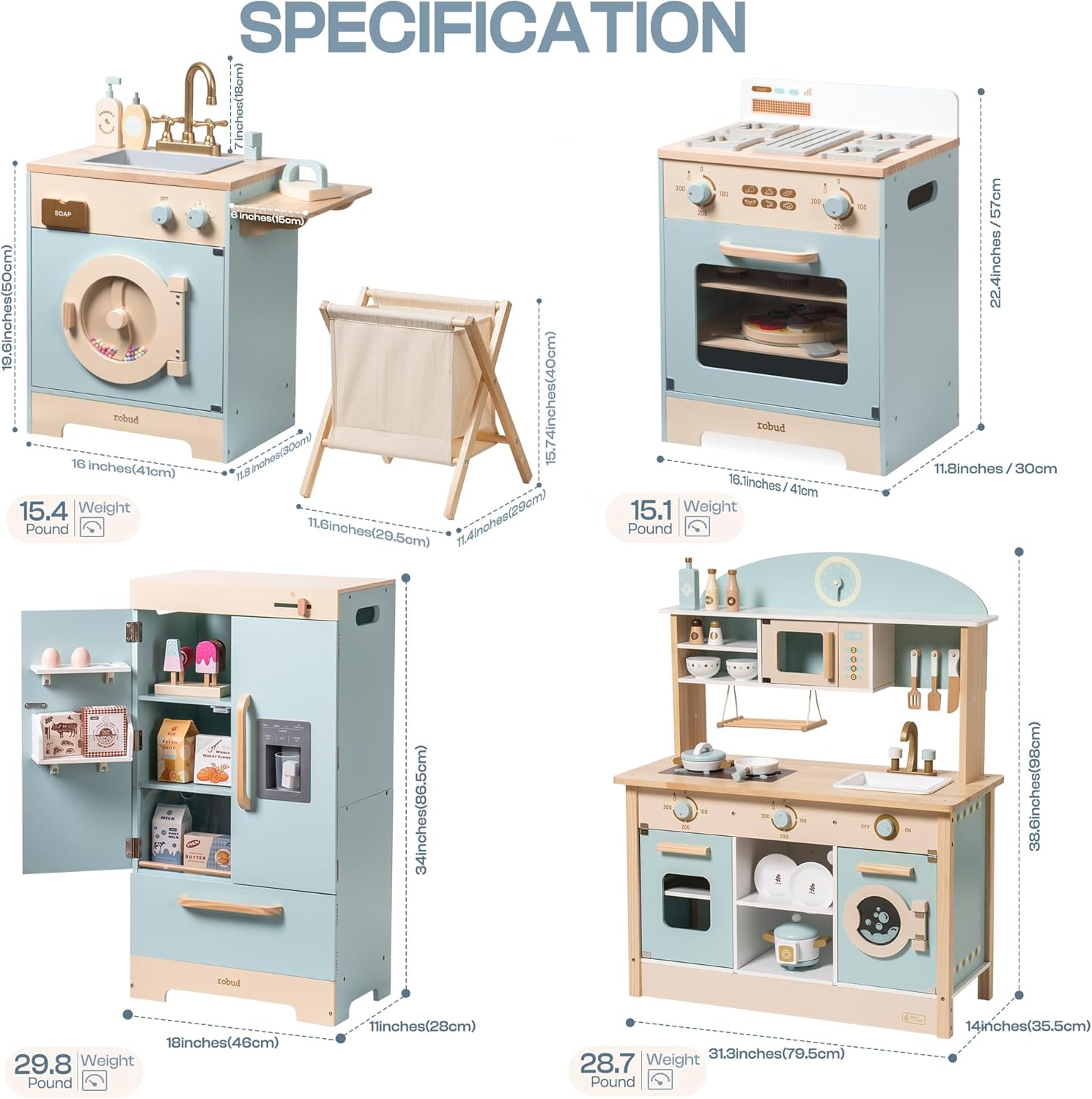 For Full Fun-Wooden Kitchen Playset for Kids Age 3+ | Kitchen Washer, Fridge & Oven – Blue-Toys & Games > Toys > Play Sets & Toy Figures > Toy Kitchens & Play Food