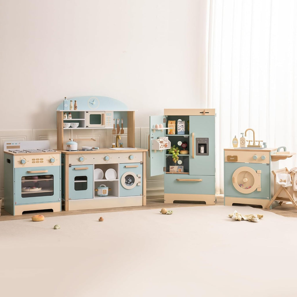 For Full Fun-Wooden Kitchen Playset for Kids Age 3+ | Kitchen Washer, Fridge & Oven – Blue-Toys & Games > Toys > Play Sets & Toy Figures > Toy Kitchens & Play Food