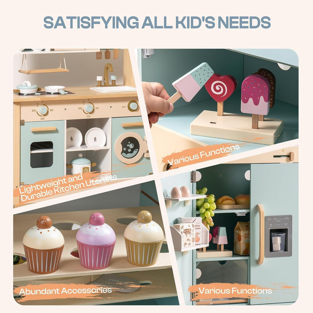 For Full Fun-Wooden Kitchen Playset for Kids Age 3+ | Kitchen Washer, Fridge & Oven – Blue-Toys & Games > Toys > Play Sets & Toy Figures > Toy Kitchens & Play Food