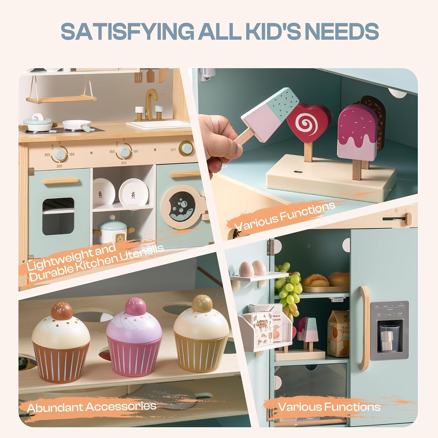 For Full Fun-Wooden Kitchen Playset for Kids Age 3+ | Kitchen Washer, Fridge & Oven – Blue-Toys & Games > Toys > Play Sets & Toy Figures > Toy Kitchens & Play Food