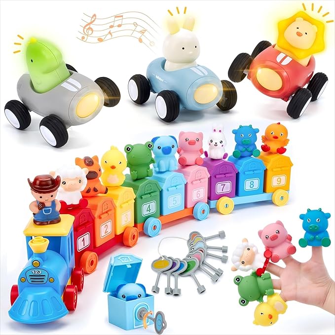 Montessori toddler train set with farm animals, numbered cars, and shape sorting for learning fun, ages 2 and up.