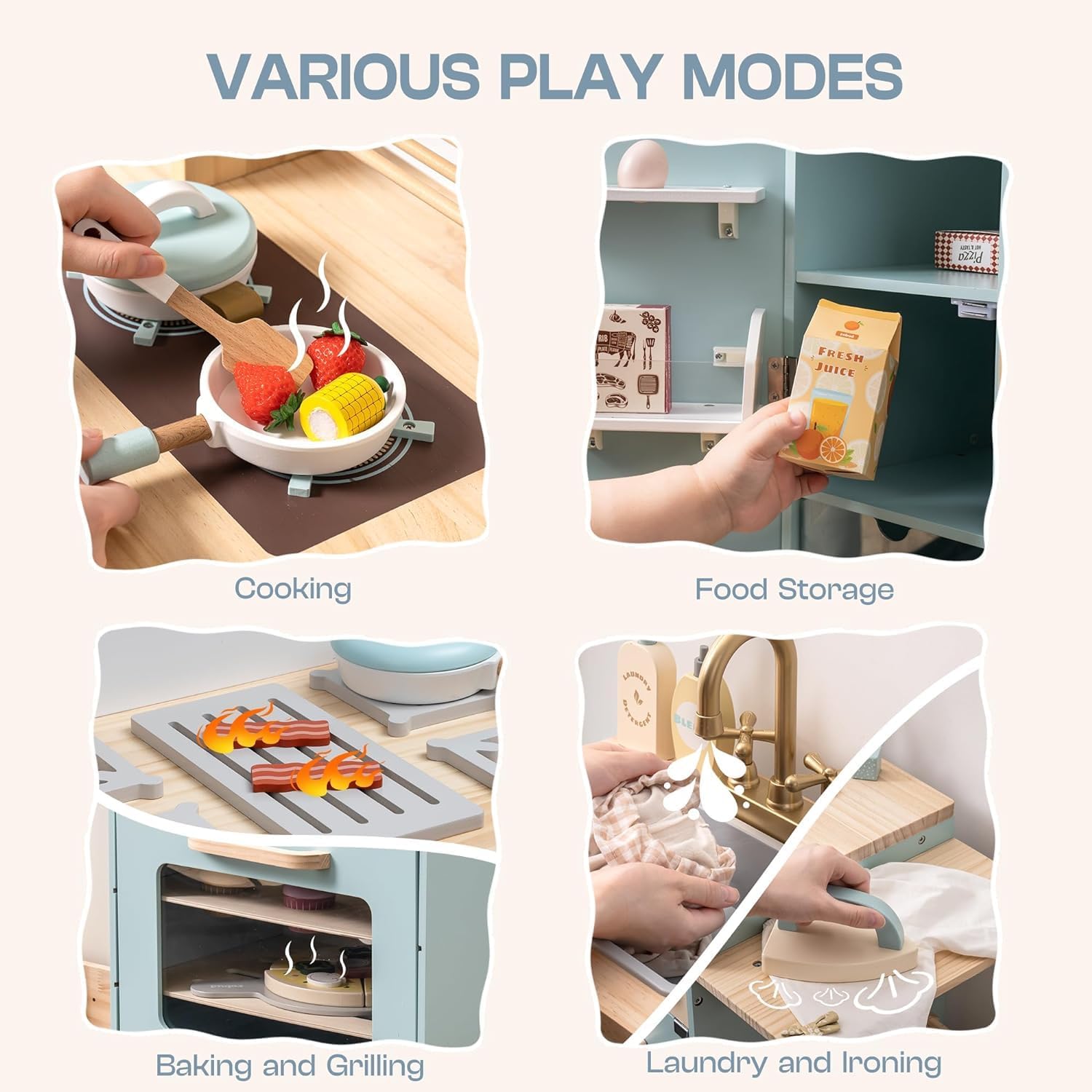 For Full Fun-Wooden Kitchen Playset for Kids Age 3+ | Kitchen Washer, Fridge & Oven – Blue-Toys & Games > Toys > Play Sets & Toy Figures > Toy Kitchens & Play Food