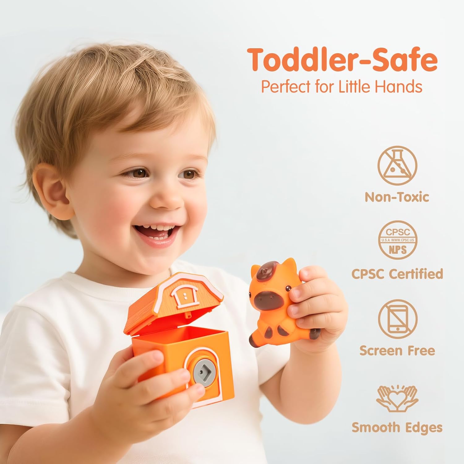 Child holding two orange toys with safety certification icons on a light gray background