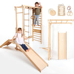 7-in-1 wooden Swedish wall with monkey bars, swing set, slide board and ramp for children – ForFullFun