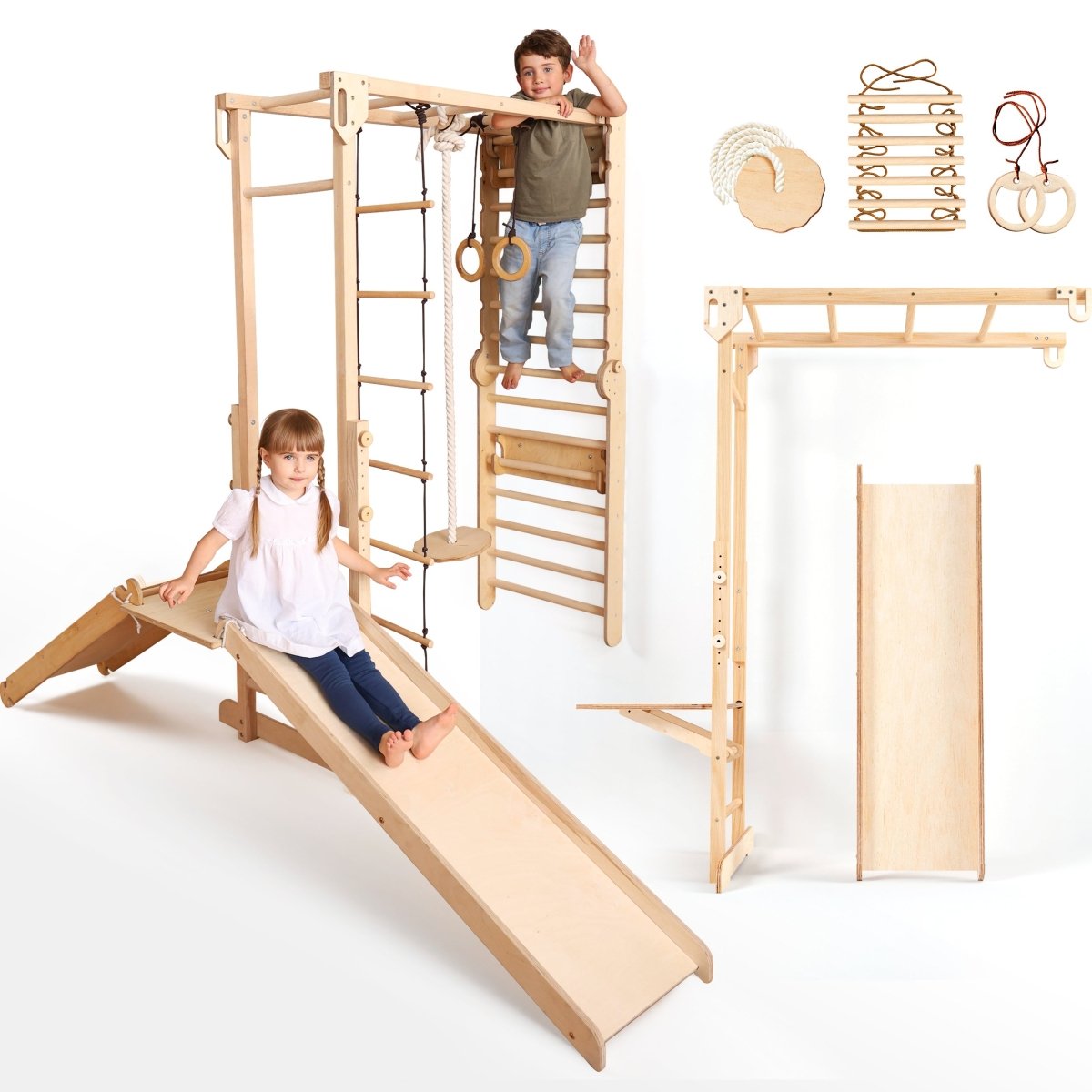 7-in-1 wooden Swedish wall with monkey bars, swing set, slide board and ramp for children – ForFullFun