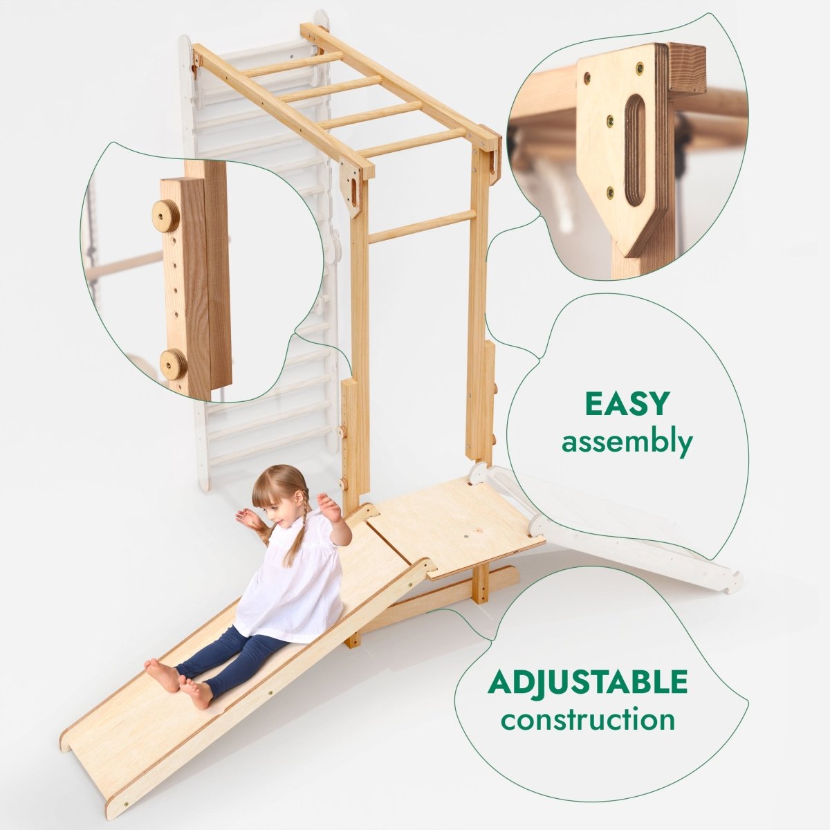 For Full Fun-7in1 Jungle Play Set for Kids: Swedish Ladder+ Monkey Bars + Swing Set + Slide Board + Ramp-Swedish wall