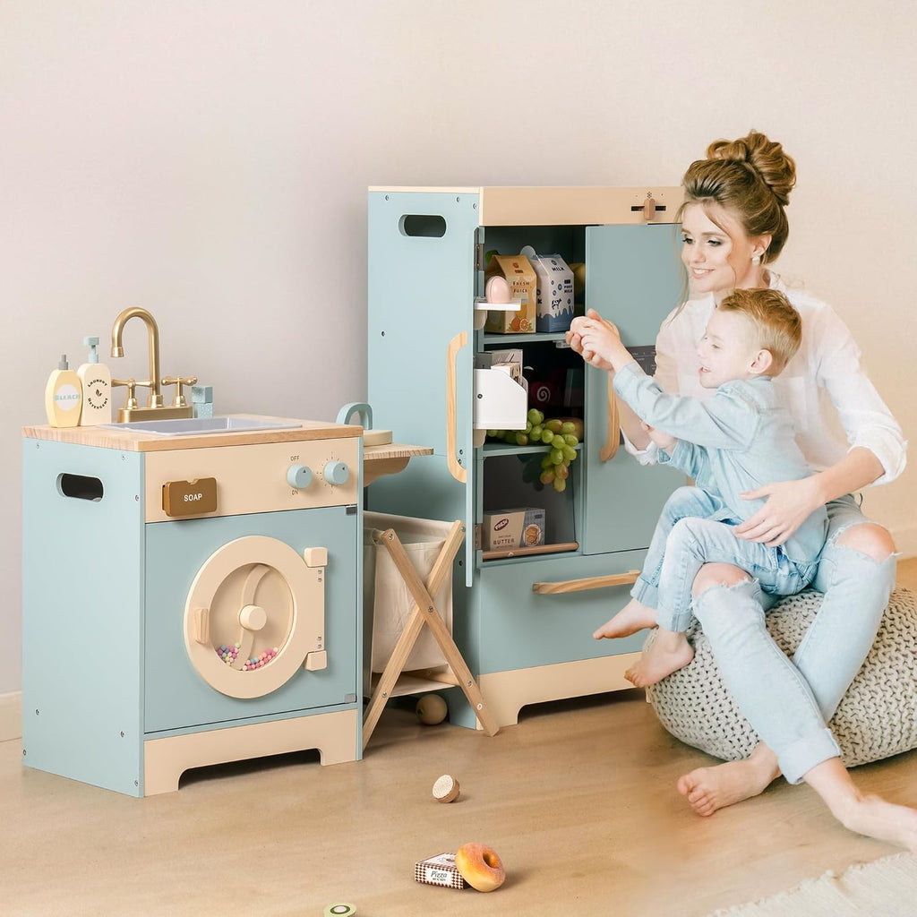 For Full Fun-Wooden Kitchen Playset for Kids Age 3+ | Kitchen Washer, Fridge & Oven – Blue-Toys & Games > Toys > Play Sets & Toy Figures > Toy Kitchens & Play Food