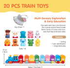 20-piece train toy set with keychain, dolls, and barns on a yellow background