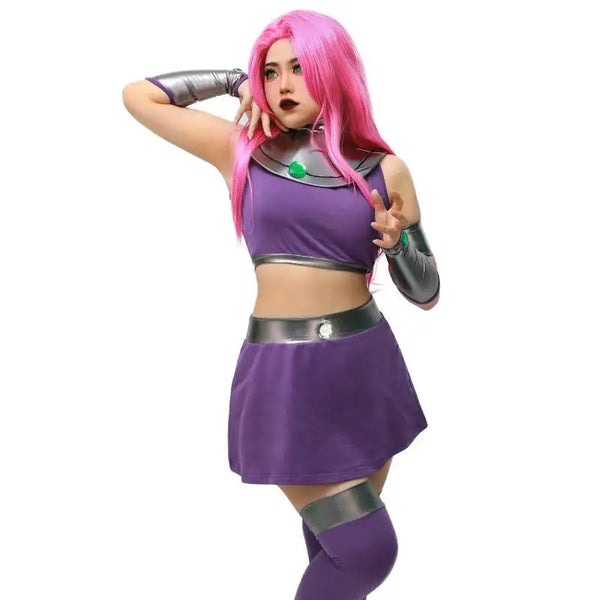 Purple Starfire cosplay costume with silver collar, arm cuffs, belt and green gemstone detailing