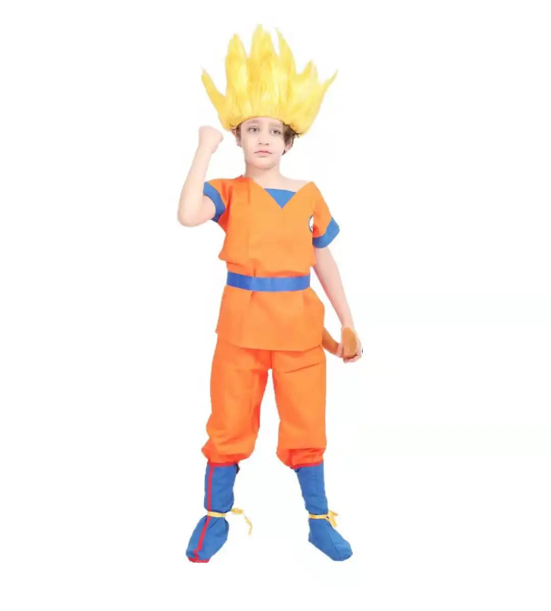 Boy wearing the Goku kids costume with the gold spiked wig, tail and boot covers