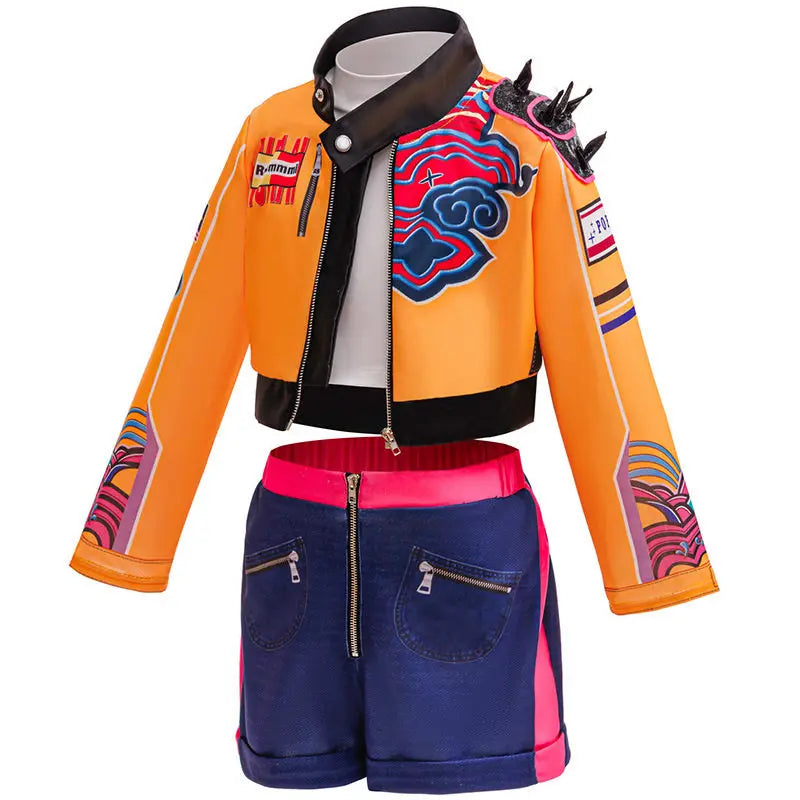 Front view of the Rumi kids costume jacket and navy shorts with pink waistband