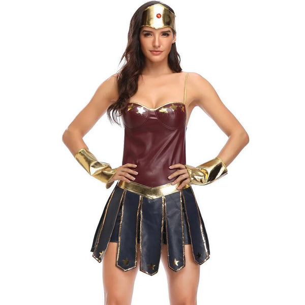 Close view of the Wonder Woman costume dress, gold gauntlets and tiara — the three pieces that ship