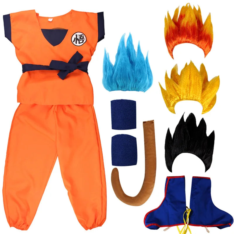 Everything in the Goku kids costume laid out: orange top and trousers, navy sash, two wristbands, tail, blue boot covers and four wig colors