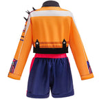 Back view of the Rumi kids costume showing the orange jacket panel and turn-up shorts
