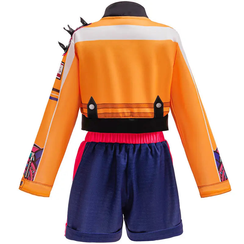 Back view of the Rumi kids costume showing the orange jacket panel and turn-up shorts
