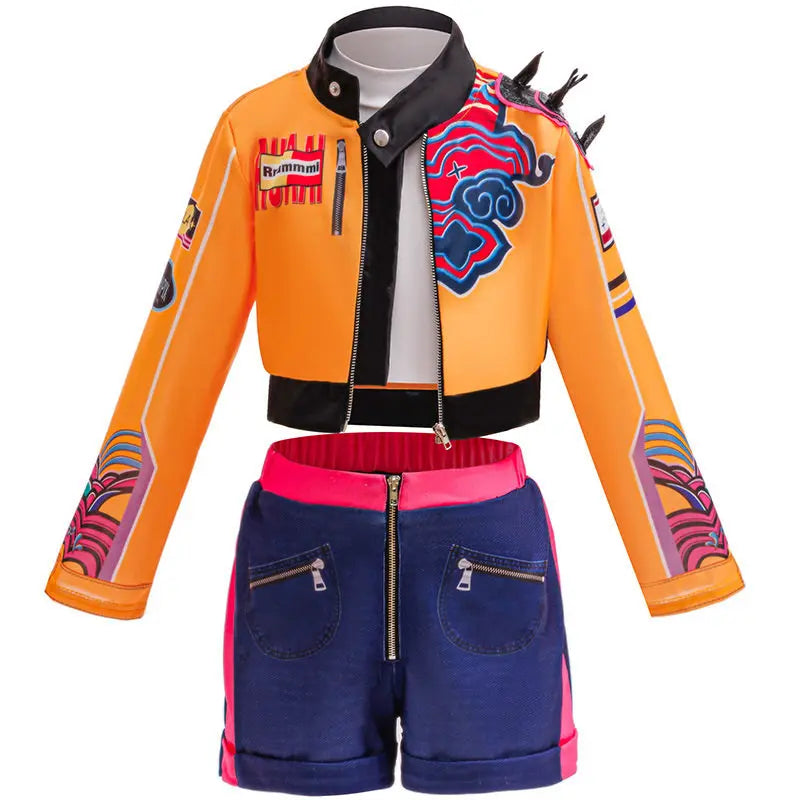 Rumi kids costume laid flat: cropped orange jacket with printed cloud motif, white inner top and navy shorts