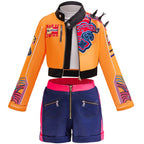 Rumi kids costume laid flat: cropped orange jacket with printed cloud motif, white inner top and navy shorts