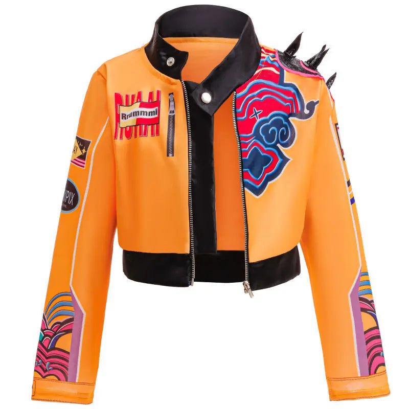 Cropped orange jacket alone, showing the chest zip pocket, sleeve graphics and spiked shoulder piece