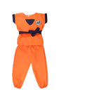 The Goku costume top and trousers folded flat, showing the navy trim and tied sash