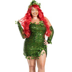 Women Green Ivy Halloween Cosplay Costume Party Deluxe Sleeveless Fake Leaves Strapless Sequin Mini Dress with Gloves Set 7