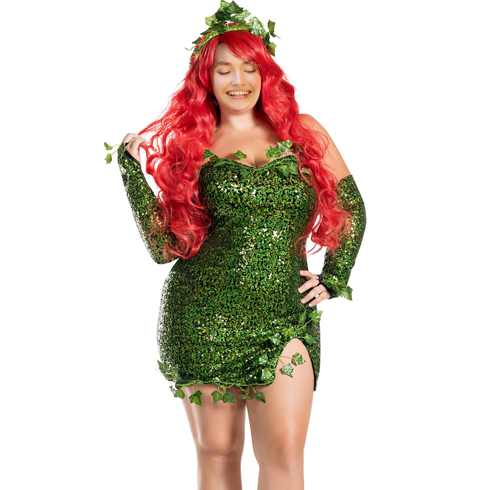 Women Green Ivy Halloween Cosplay Costume Party Deluxe Sleeveless Fake Leaves Strapless Sequin Mini Dress with Gloves Set 7