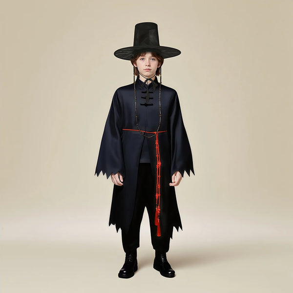 Child wearing the Jinu cosplay costume: long black vest, trousers, red waistband and wide-brimmed hat