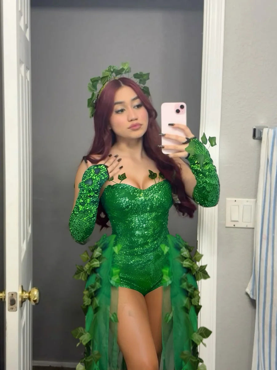 Sexy Halloween Costume Dress Adult Leaf Sequin Dance Dress Mini Skirt V-Neck Sleeveless Polyester Fiber Empire Waistline 4