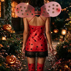 Women Cute Ladybug Halloween Costume Set Polka Dot Spaghetti Strap Mini Dress With Wings Headband Thigh High Socks Cosplay Party 5