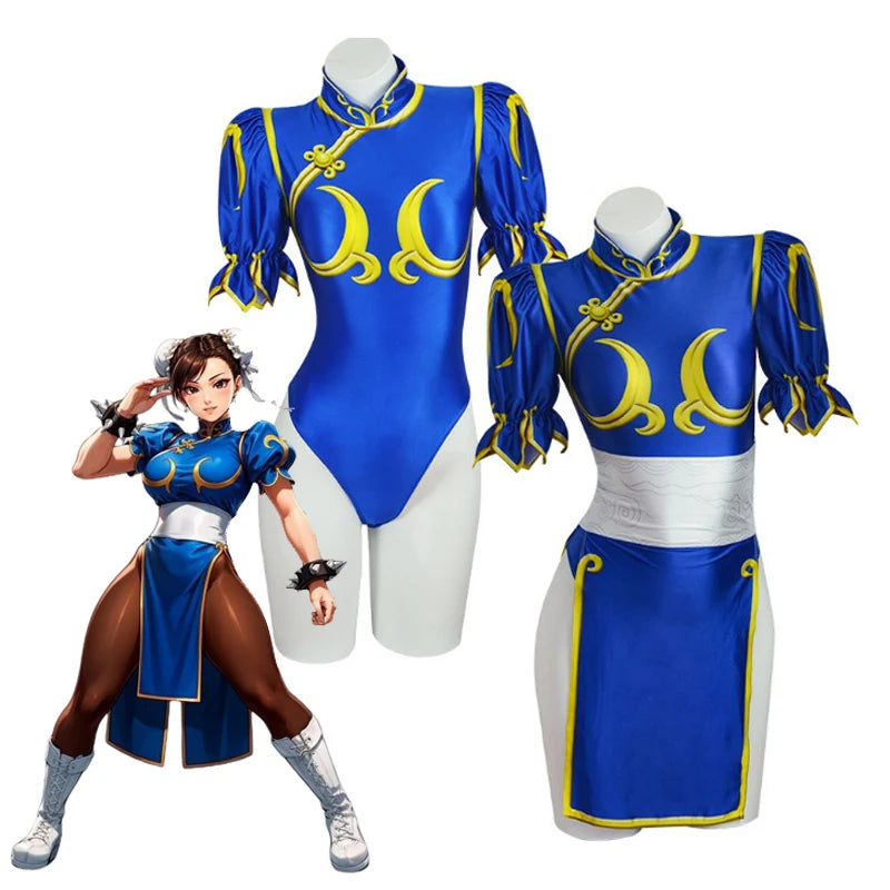 Women's Street Fighter Chun Li Cosplay Costume Game Fighter Chunli Blue Cheongsam with Headdress and Waistband Halloween Costume 3