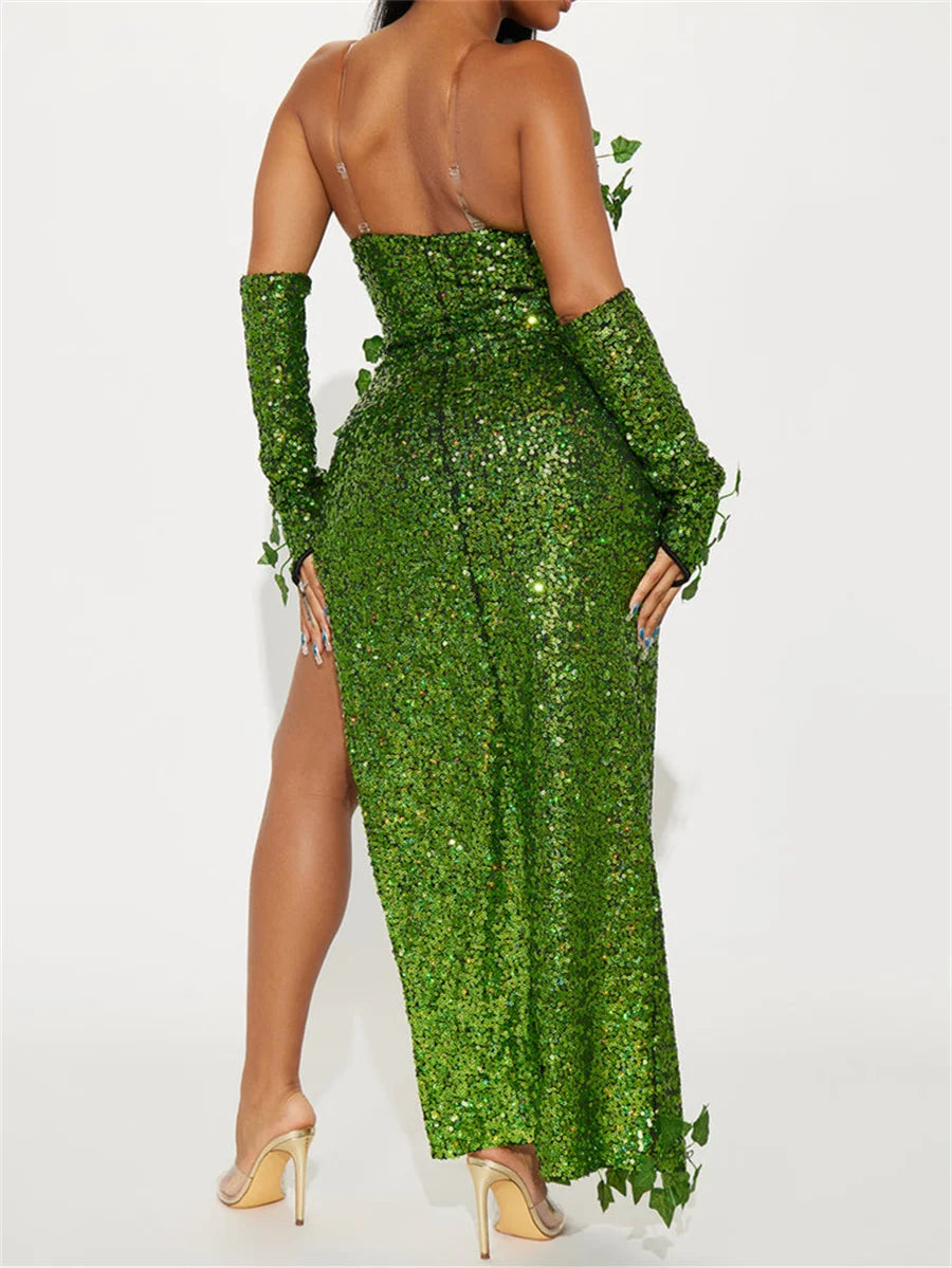 Women's Sexy Halloween Costume Deluxe Green Sequin Ivy Maxi Dress 3 Piece Poisonous Villain Cosplay Costume Set 5