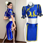 Women's Street Fighter Chun Li Cosplay Costume Game Fighter Chunli Blue Cheongsam with Headdress and Waistband Halloween Costume 2