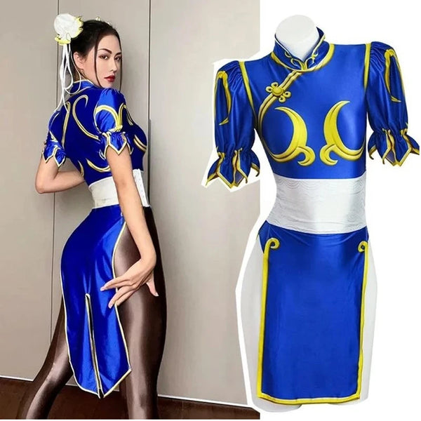 Blue Chun Li cheongsam cosplay costume with gold trim, white waist sash and spiked wrist cuffs