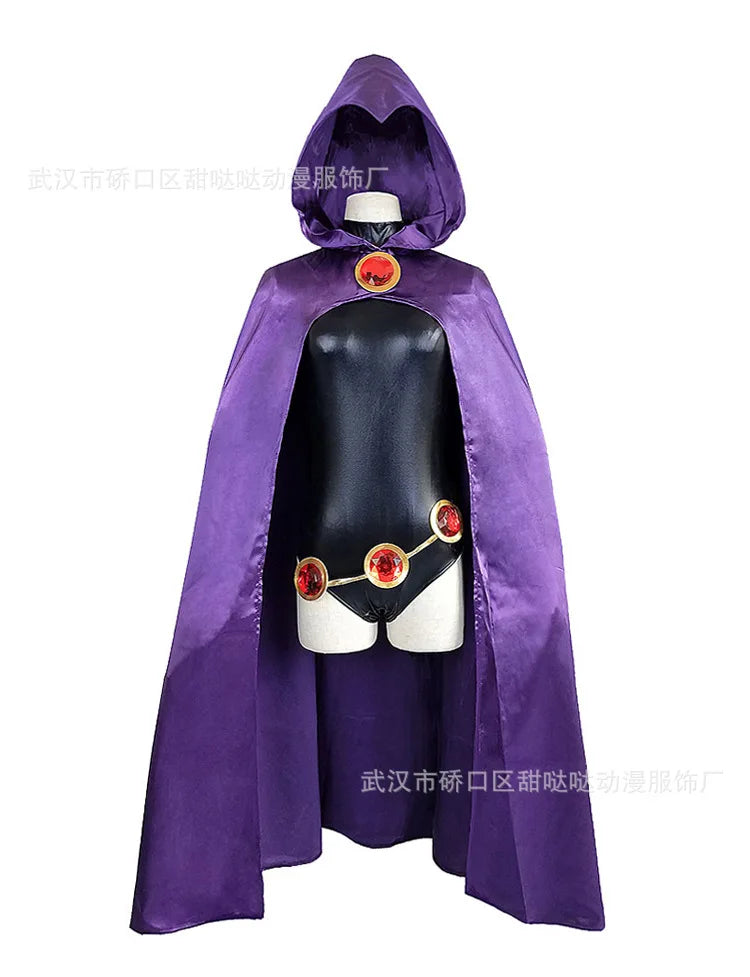 Teen Titans Raven Cosplay Costume Super hero Cloak Jumpsuits Zentai Halloween Fancy Ball Adult kids Suit 6