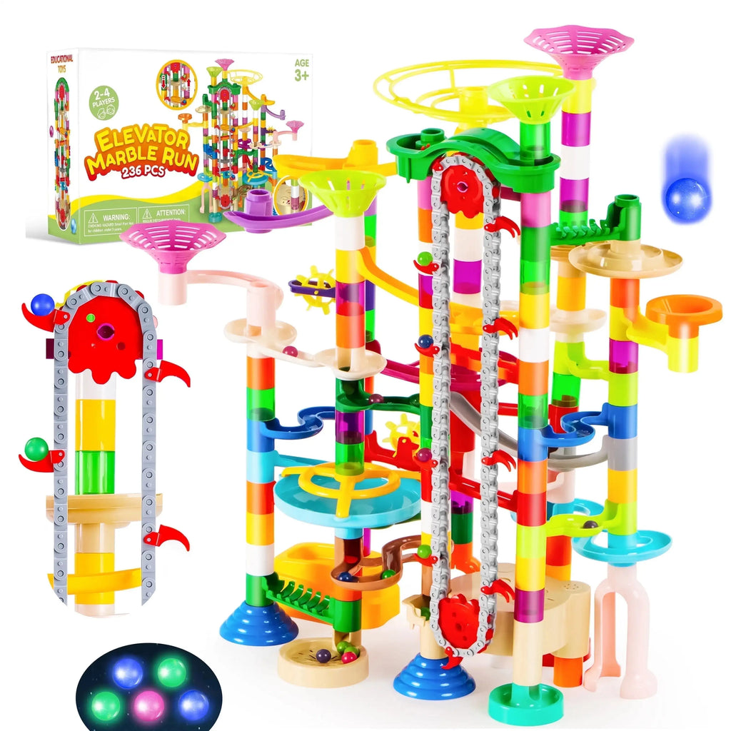 Colorful 236-piece glowing marble run set with a motorized elevator by For Full Fun, featuring vibrant marbles and dynamic track pieces.