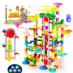 Colorful 236-piece glowing marble run set with a motorized elevator by For Full Fun, featuring vibrant marbles and dynamic track pieces.