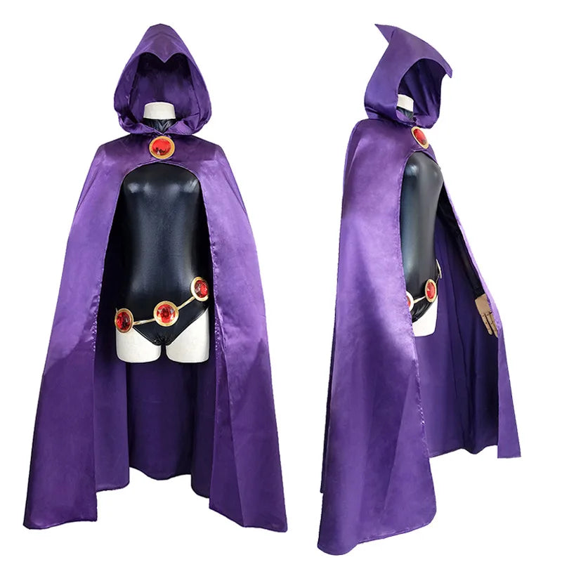 Teen Titans Raven Cosplay Costume Super hero Cloak Jumpsuits Zentai Halloween Fancy Ball Adult kids Suit 3