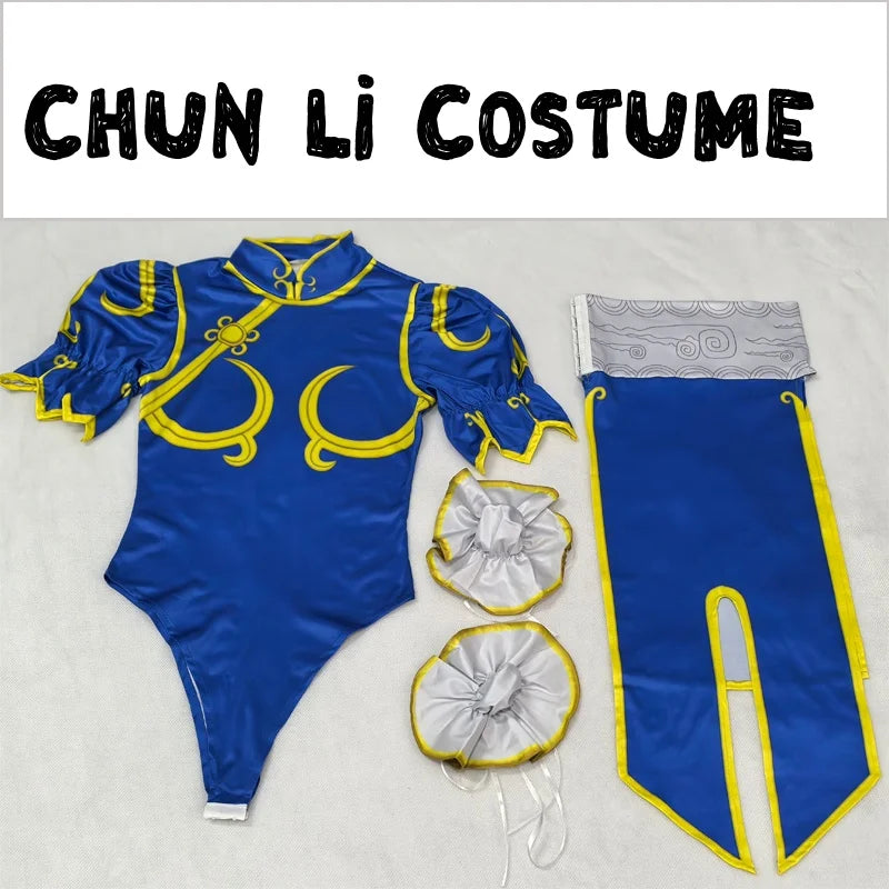 Women's Street Fighter Chun Li Cosplay Costume Game Fighter Chunli Blue Cheongsam with Headdress and Waistband Halloween Costume 5