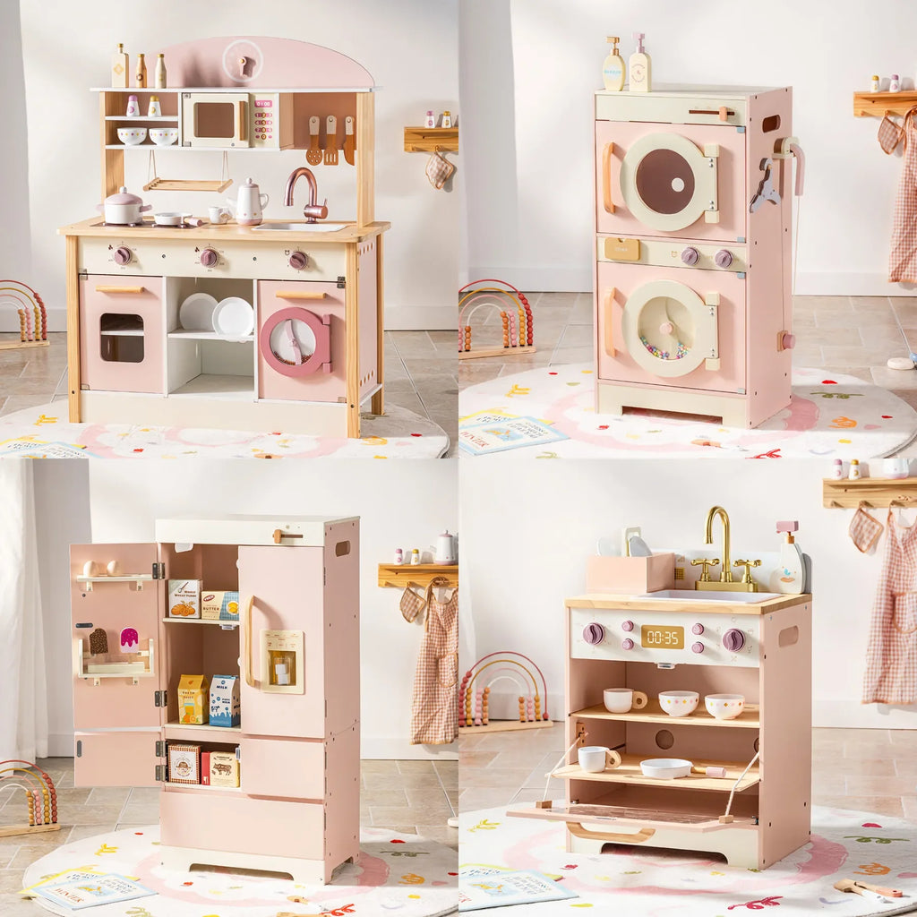 For Full Fun-Kids Corner Wooden Play Kitchen Set with Realistic Sound – Pretend Cooking Toy for Boys & Girls-