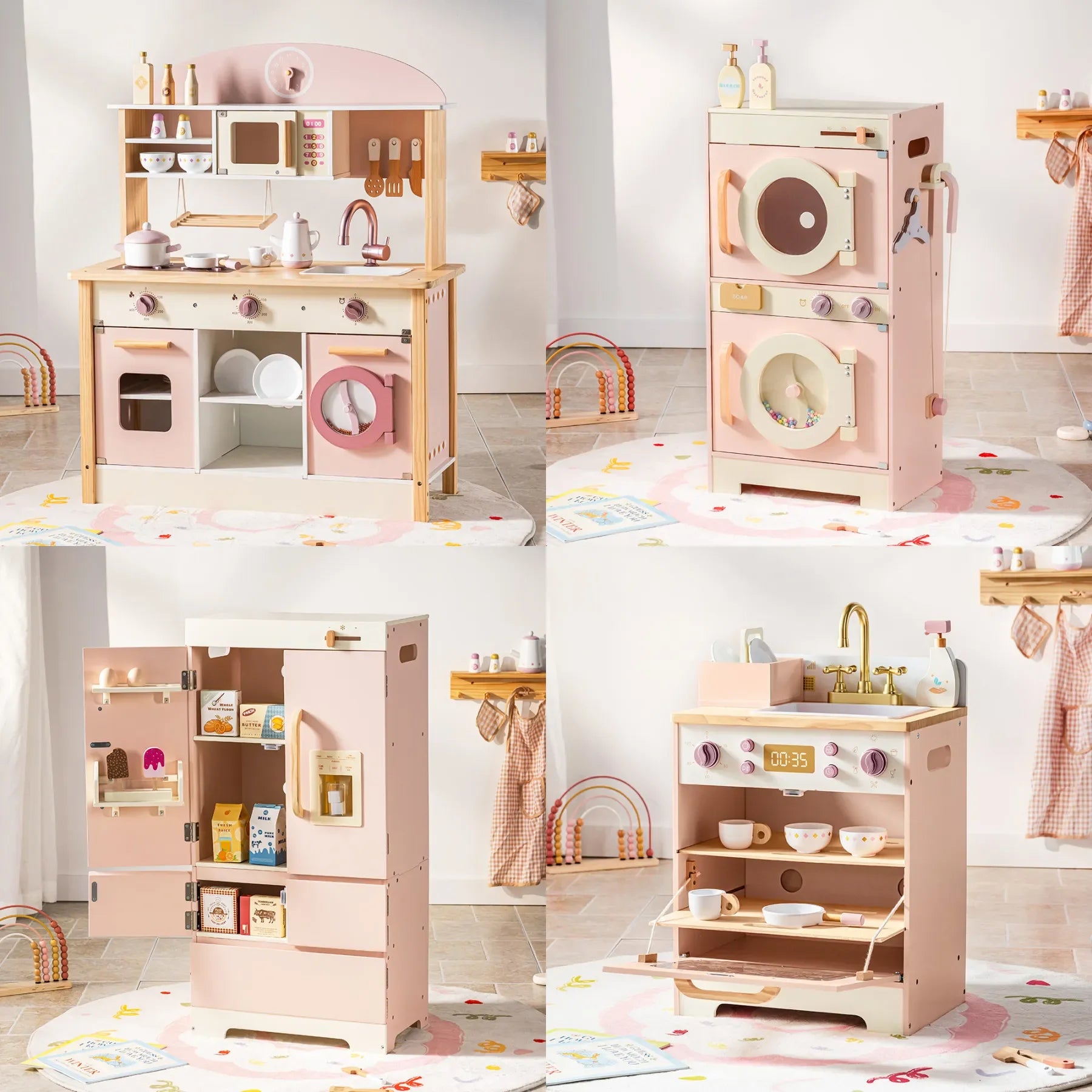 For Full Fun-Kids Corner Wooden Play Kitchen Set with Realistic Sound – Pretend Cooking Toy for Boys & Girls-