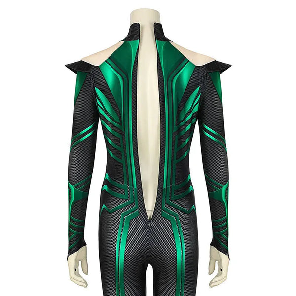 Back view of the Hela cosplay bodysuit showing the printed green armour detailing