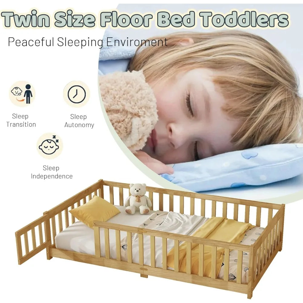 Montessori Floor Bed - Toddler Floor Bed with rail - Twin Size