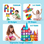 Magnetic building tiles set by For Full Fun with 110, 66, or 50 pieces, compatible with Magna-Tiles, showing colorful geometric shapes