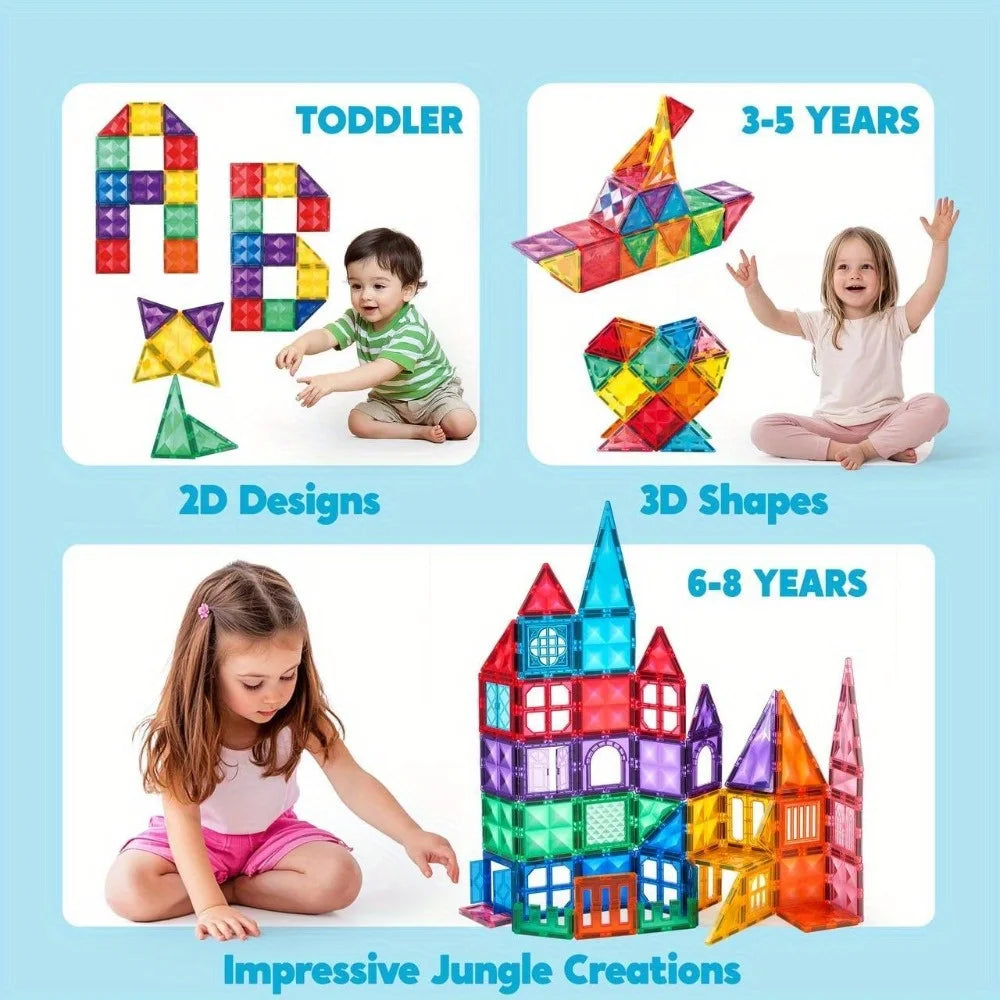 Magnetic building tiles set by For Full Fun with 110, 66, or 50 pieces, compatible with Magna-Tiles, showing colorful geometric shapes