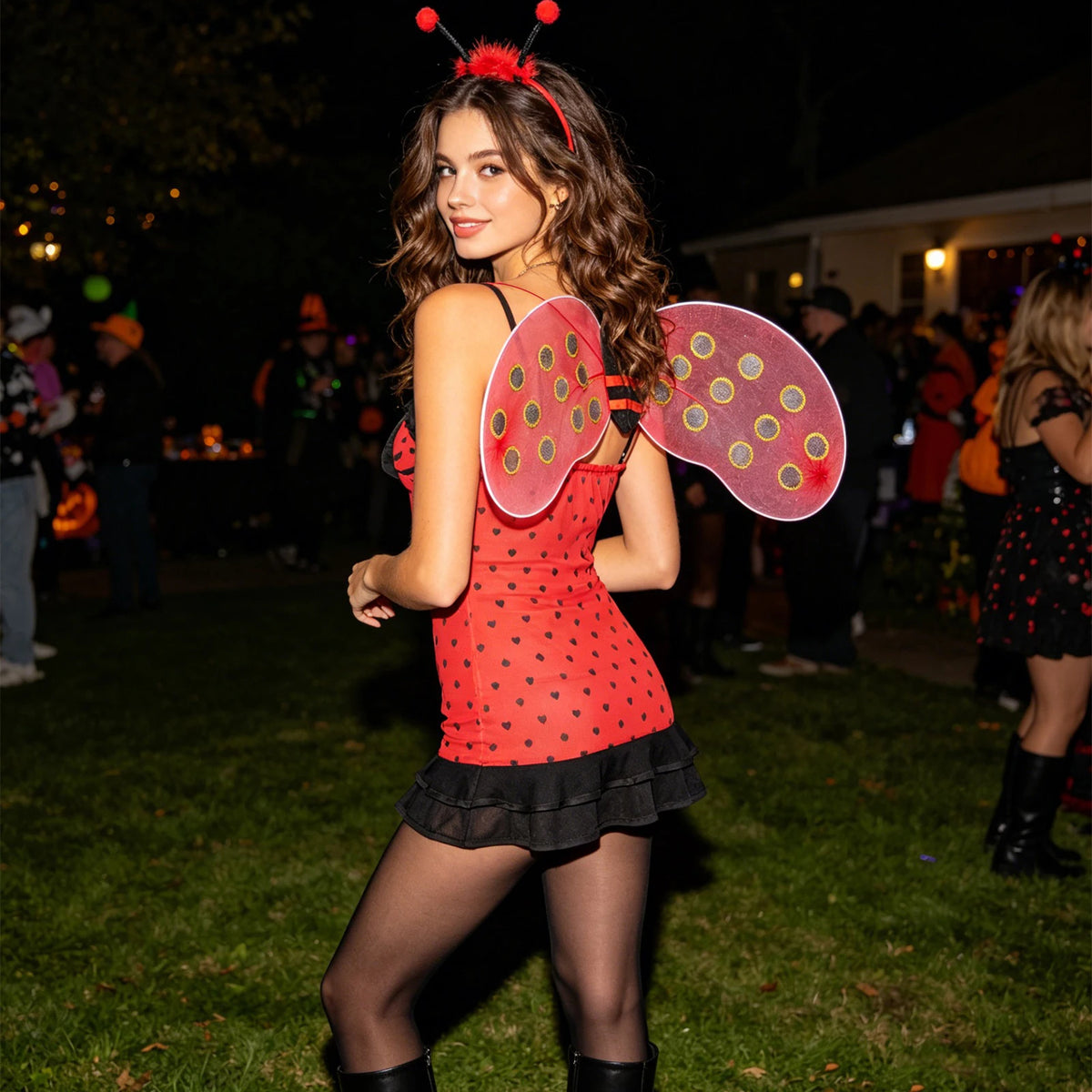Women Ladybug Halloween Costume Bee Cosplay Outfit Dress with Wing Sets 3
