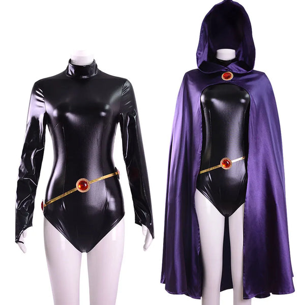 Teen Titans Raven Cosplay Costume Super hero Cloak Jumpsuits Zentai Halloween Fancy Ball Adult kids Suit 1