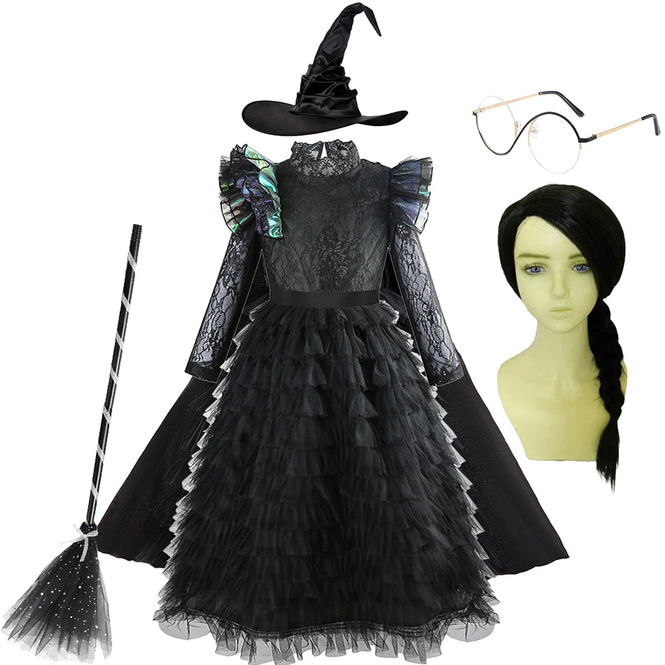 Halloween Witch Elphaba Costume Kids Purim Fantasy Outfits Girls Fancy Sets Children Long Sleeve Lace Ruffles Black Party Gown 8
