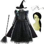Halloween Witch Elphaba Costume Kids Purim Fantasy Outfits Girls Fancy Sets Children Long Sleeve Lace Ruffles Black Party Gown 8